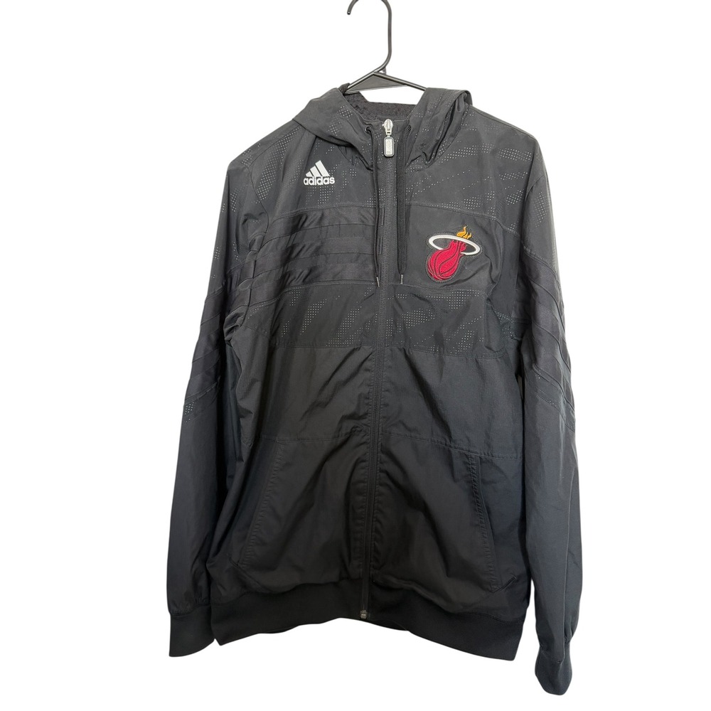 Adidas Miami Heat NBA Windbreaker Jacket‎ Mens Medium Black Full Zip Hooded Mesh